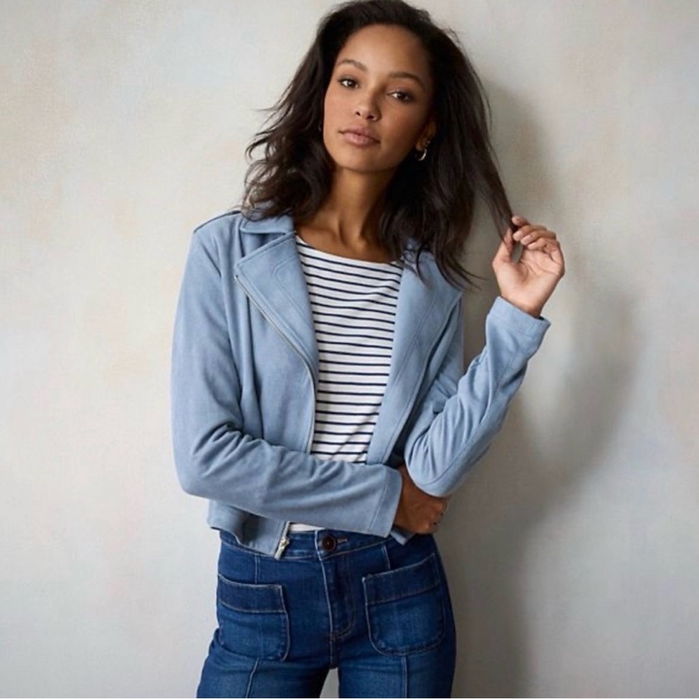 LC Lauren Conrad Sky Blue Vegan Suede Leather Moto Jacket